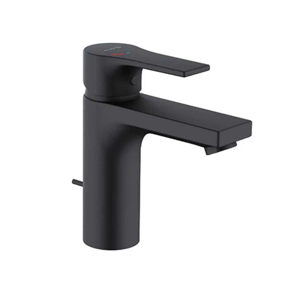 Schwarzmatte Waschtischarmatur von Kludi mit einem Hebel zum Regulieren von Wasserfluss und Temperatur sowie einer integrierten Ablaufgarnitur.
